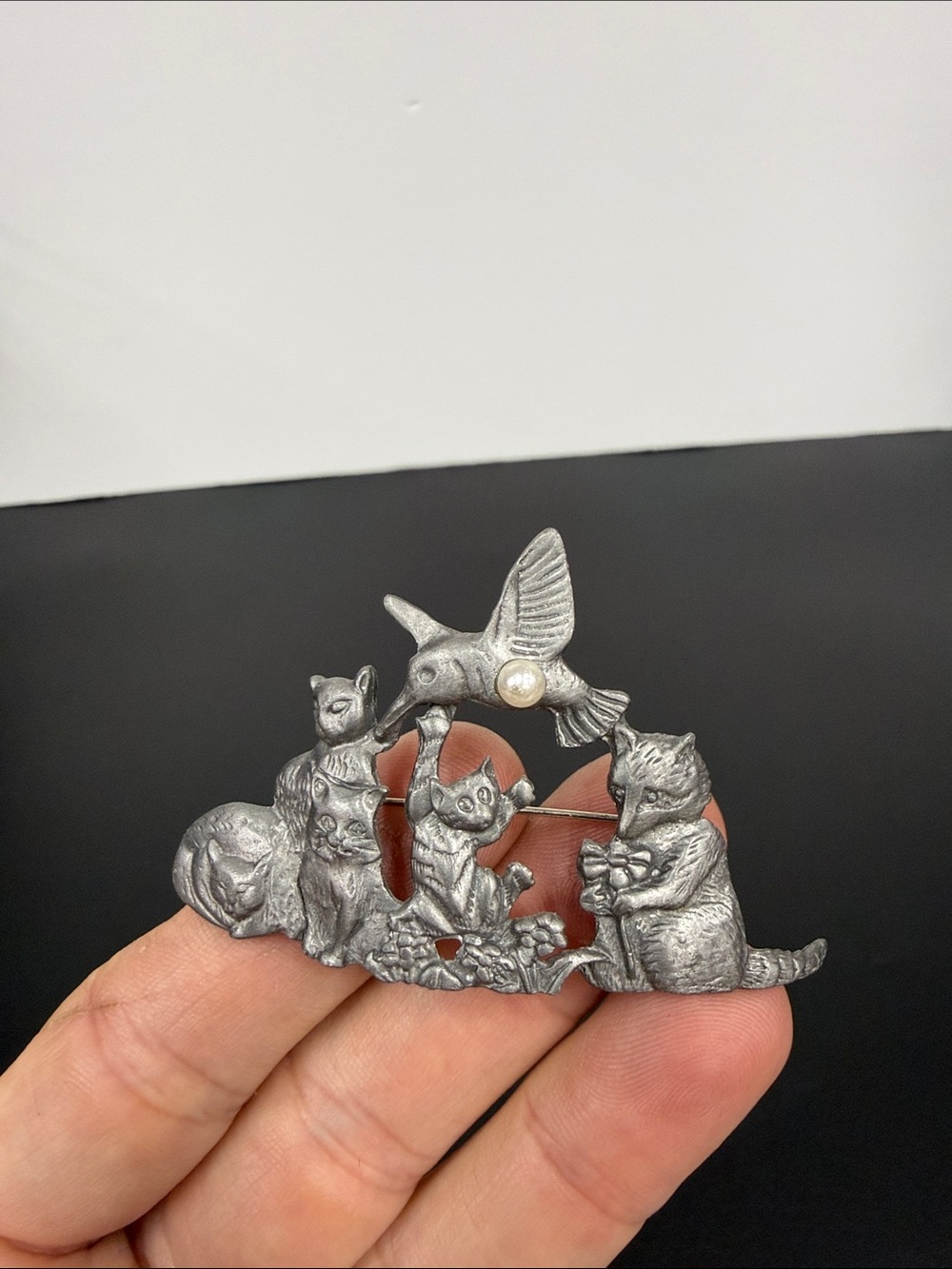 Vintage Silver Cat Brooch with Bird Accent